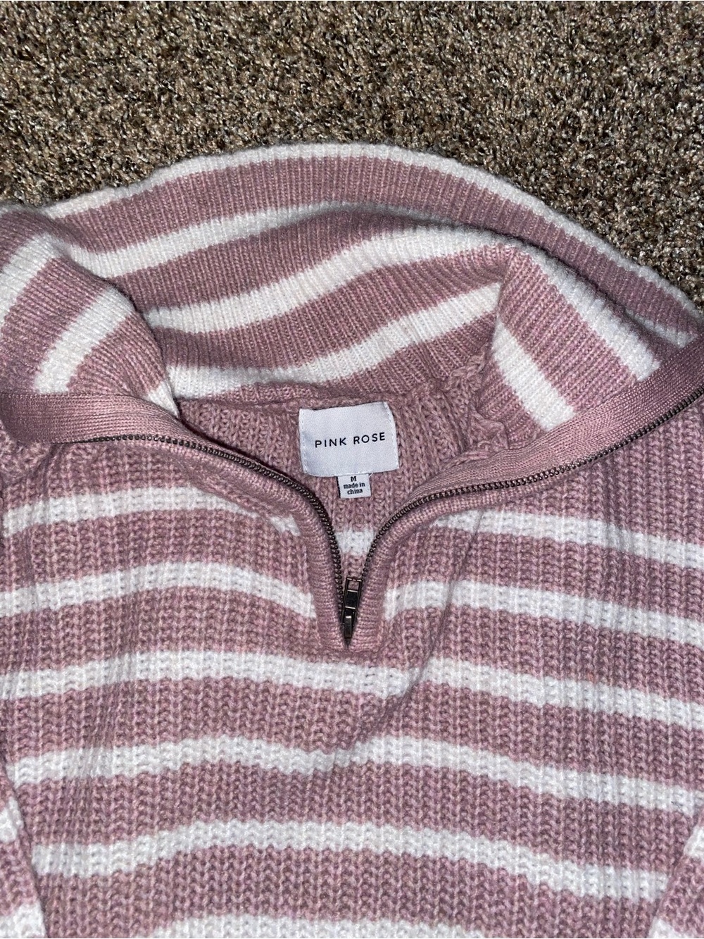 Pink Rose Striped Half-Zip Cowl Sweater in Dusty Pink & Cream - Picture 2 of 4